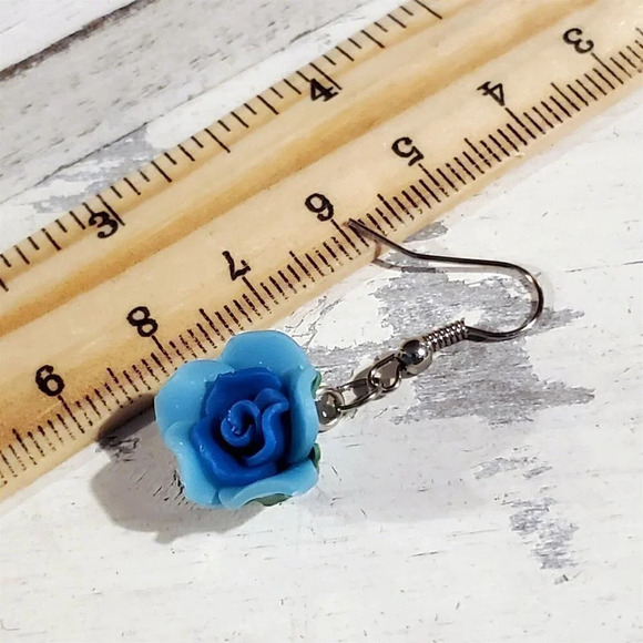 Handcrafted Fimo Polymer Clay Blue Rose Flower Bead Dangle Earrings - Picture 5 of 5